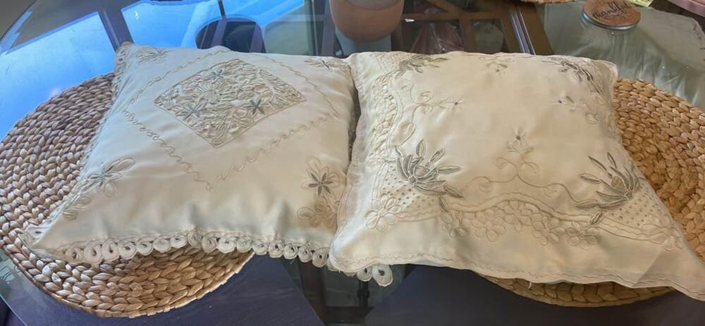 Pair of Cream Embroidered Floral Throw Pillows